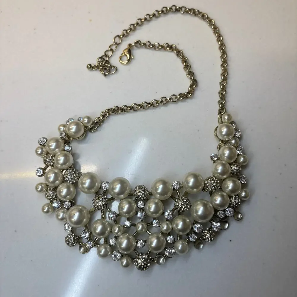 Faux Pearl Rhinestone Statement Bib Necklace Gold Sparkly Old Hollywood 18